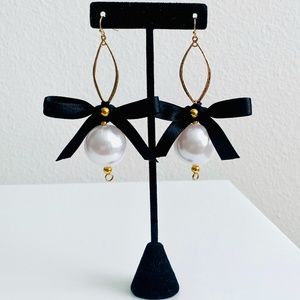 Gold & Pearl w/ Black Bow Ribbon Earrings